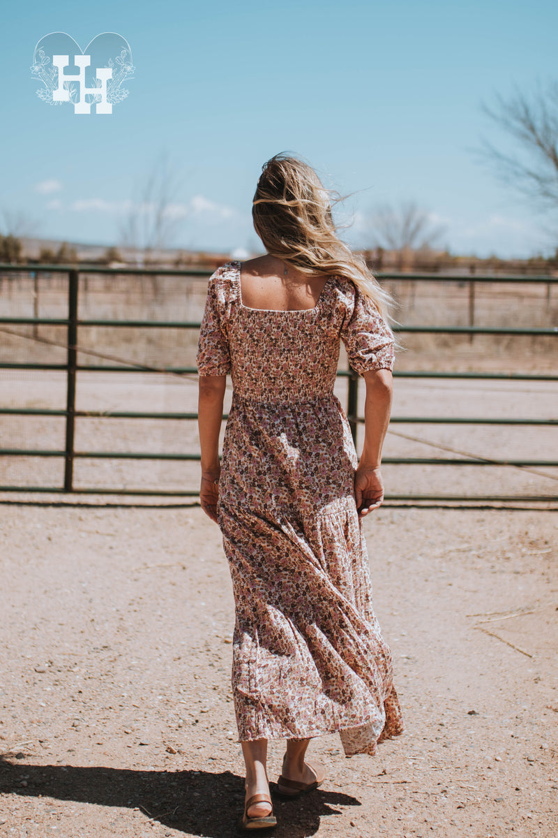 Puff Sleeve PInk & Brown Floral Maxi Dress Large Puff Sleeve PInk & Brown Floral Maxi Dress Large