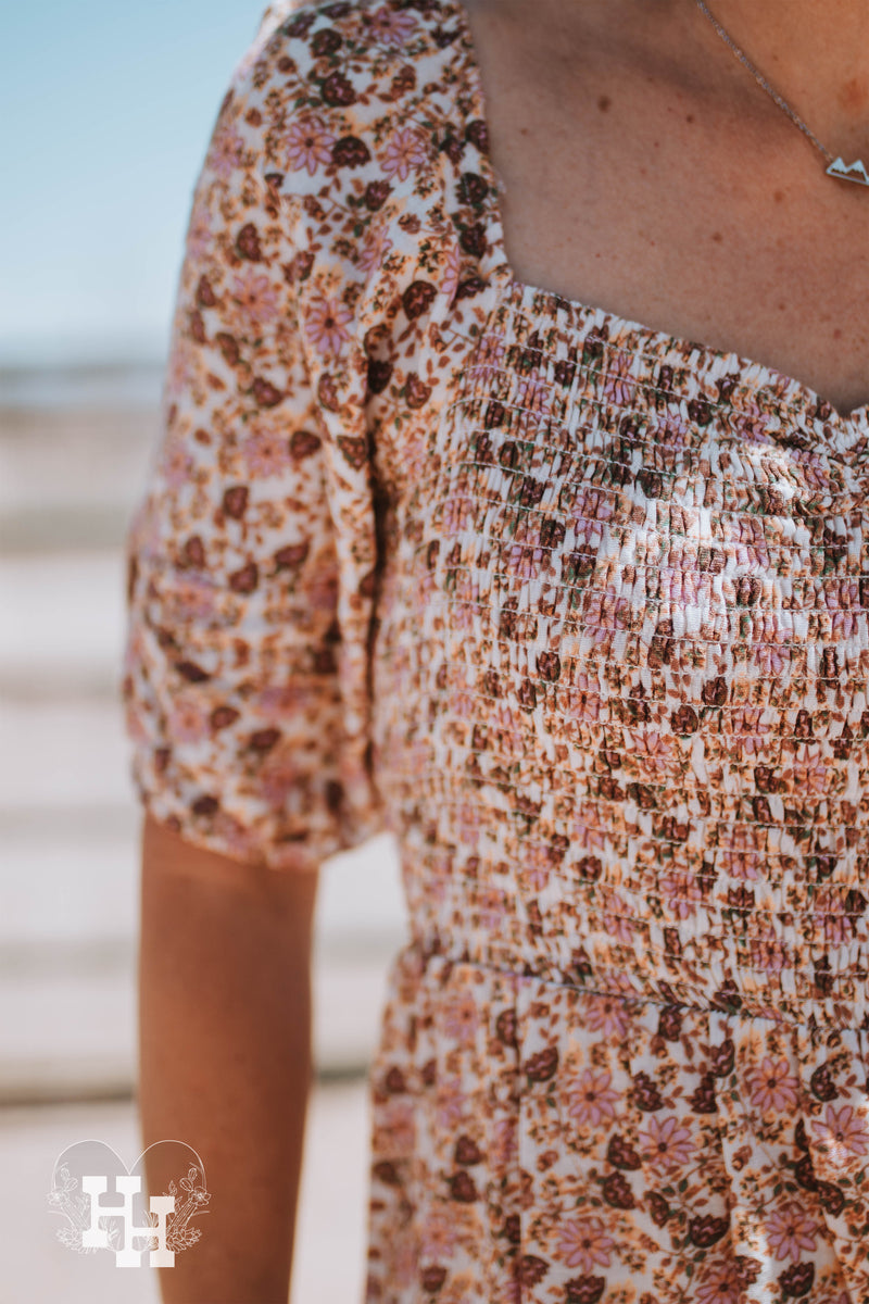 Puff Sleeve PInk & Brown Floral Maxi Dress Large Puff Sleeve PInk & Brown Floral Maxi Dress Large