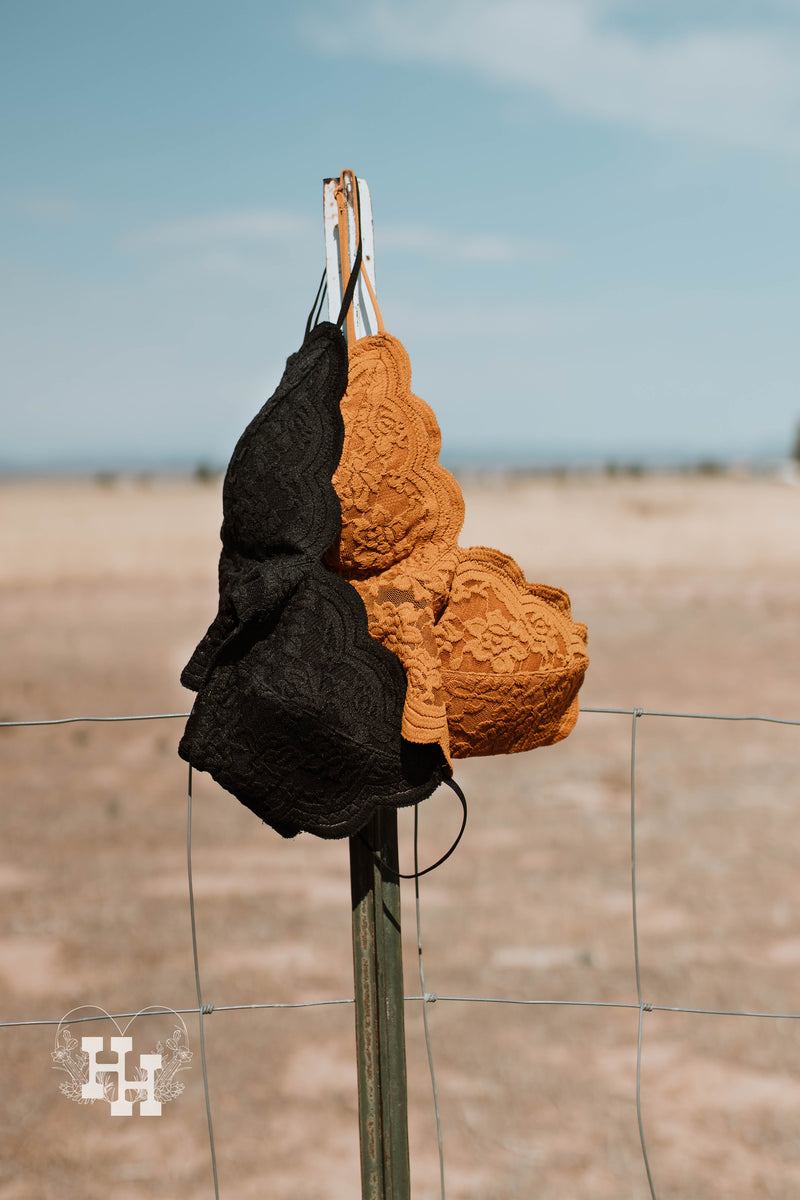 Two lace bralets hanging an a metal fence post. One bralet is dark golden rod and the other bralet is black.