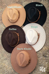 5 different colored wide brim hats with brown leather strap around each one. Top left hat is light kahki, top right hat is black, middle left hat is dark brown, middle right hat is cream, and bottom is dark kahki. 