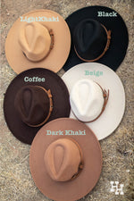 5 different colored wide brim hats with brown leather strap around each one. Top left hat is light kahki, top right hat is black, middle left hat is dark brown, middle right hat is cream, and bottom is dark kahki. 