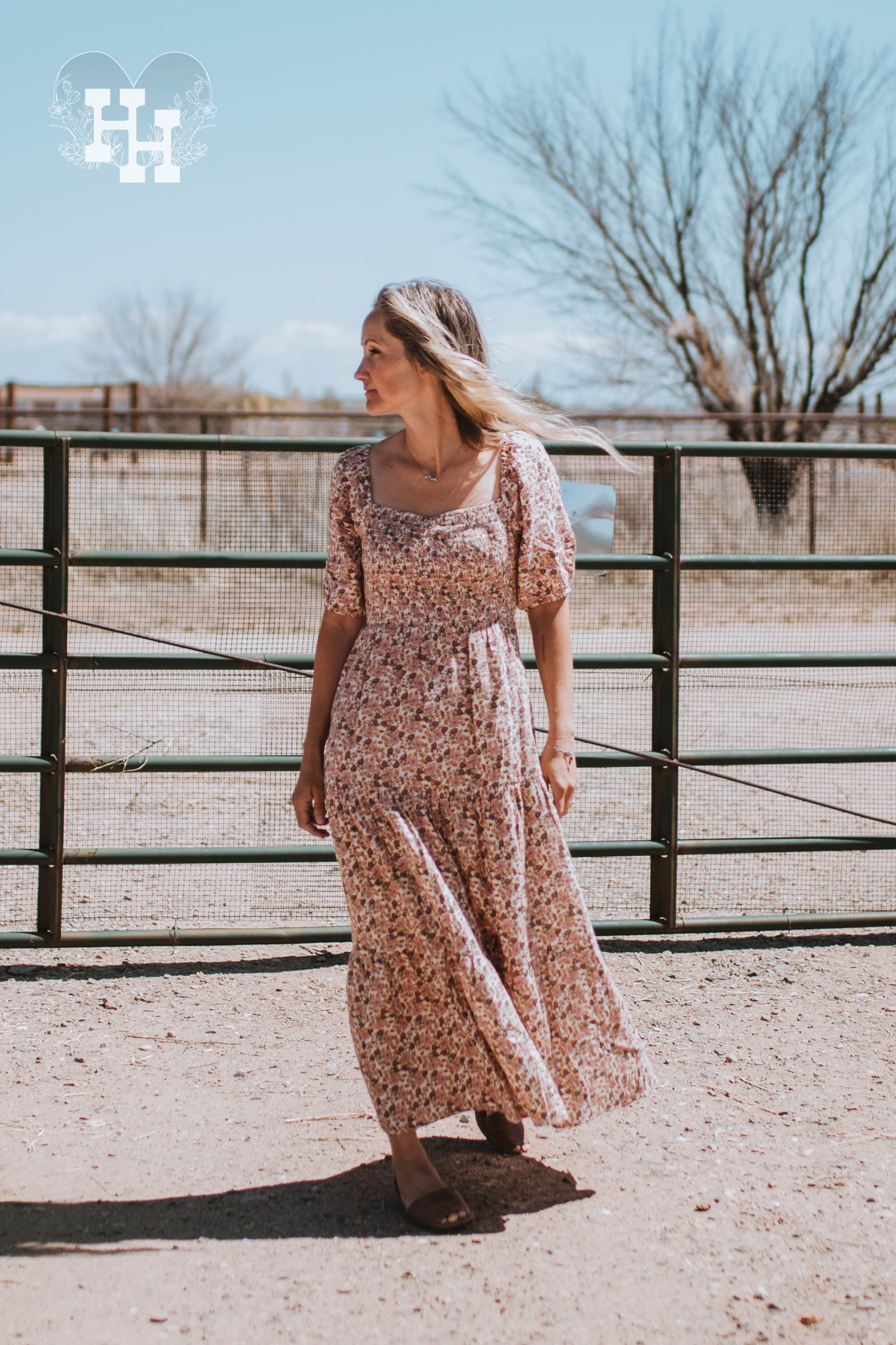 Puff Sleeve PInk & Brown Floral Maxi Dress Large